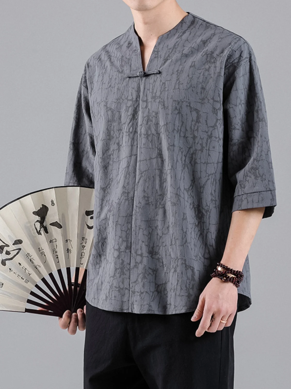 純綿リネン半袖シャツ漢服風メンズファッション七分袖綿麻混紡ヤングアダルト襟付きトップス