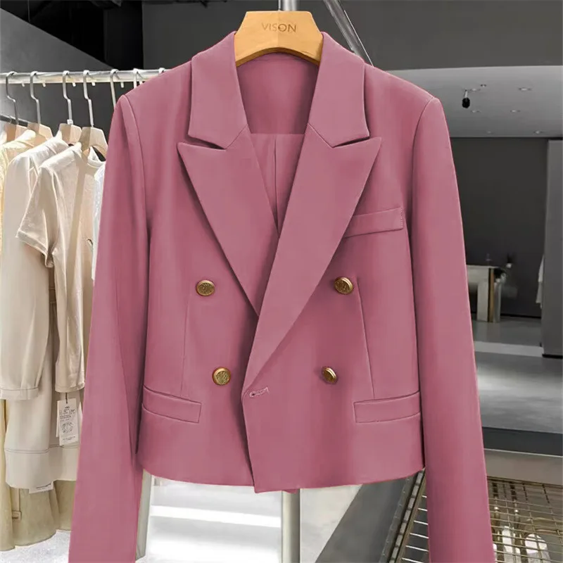 New Cropped Blazers for Women Fashion Double-Button Jacket Ladies Simple Casual Office Suit Coat Vintage Long Sleeve Outerwear