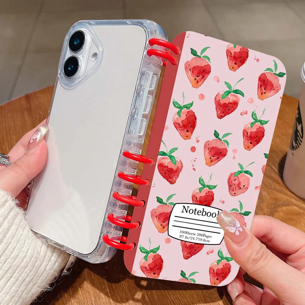 Cute Red Fruit Strawberry Flip Notebook Soft Silicone Clear Phone Case For iPhone 16 15 14 13 12 11 Pro Max 16 Plus Soft Cover