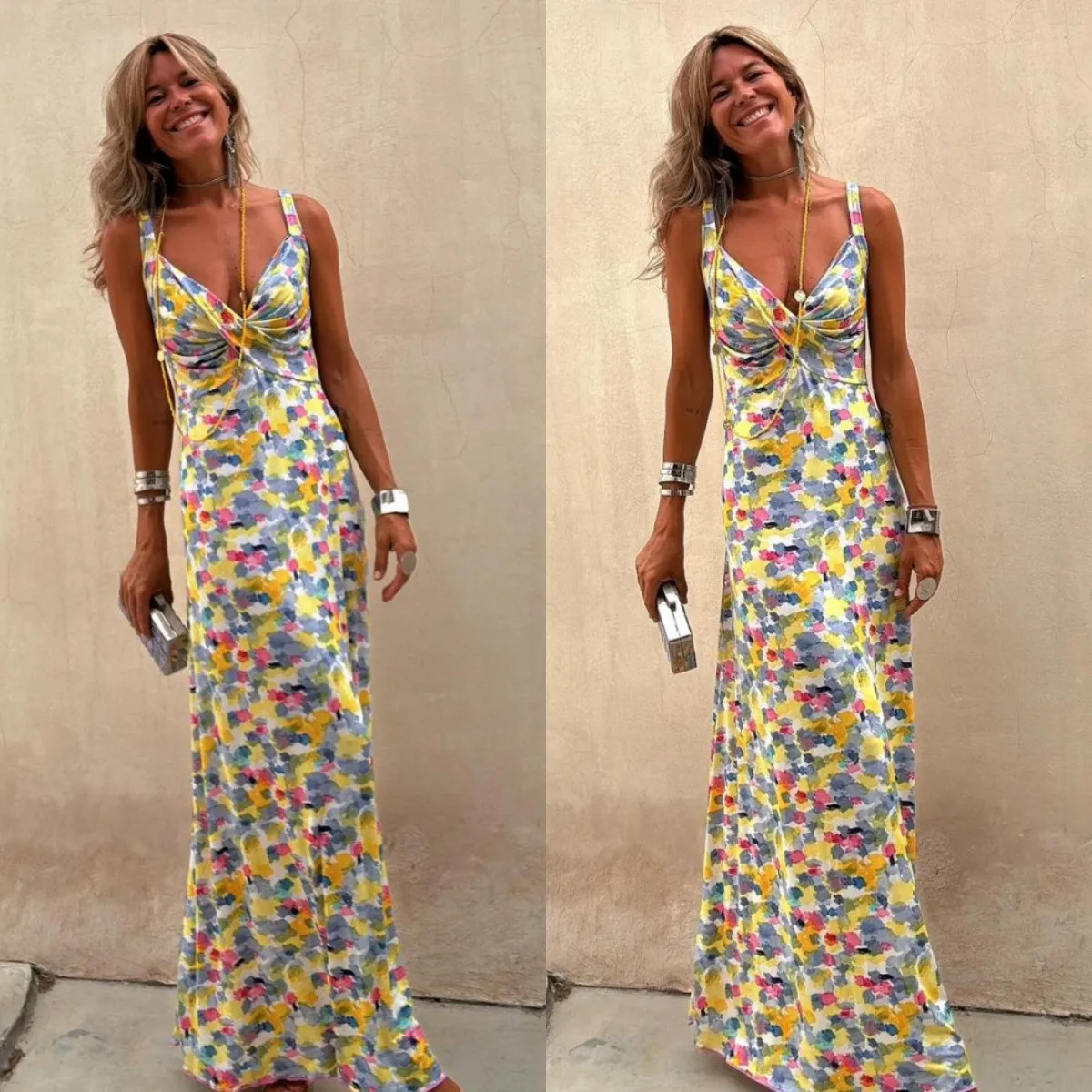 Printed Suspender Long Women\'s Dress 2025 Summer V-neck Slim Party Bodycon Dresses Fashionable Pleated Bohemian Beach Sundress