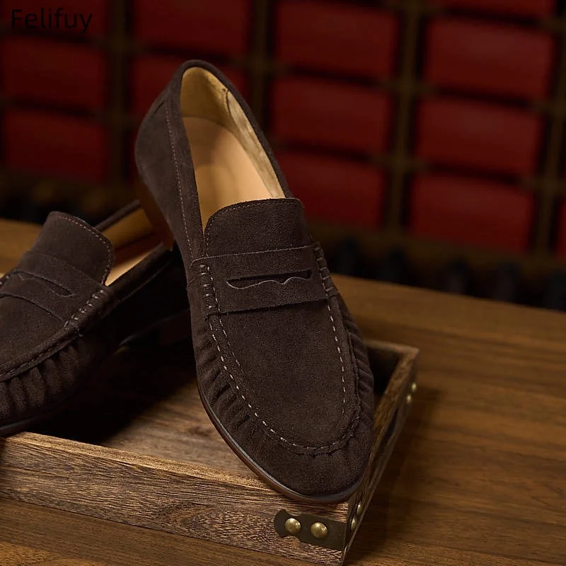 Men’s  Pleated Flat Loafers Cow Suede Genuine Leather Spring Slip on Flats Slides Casual Loafers Round Toe Concise Walking Shoes