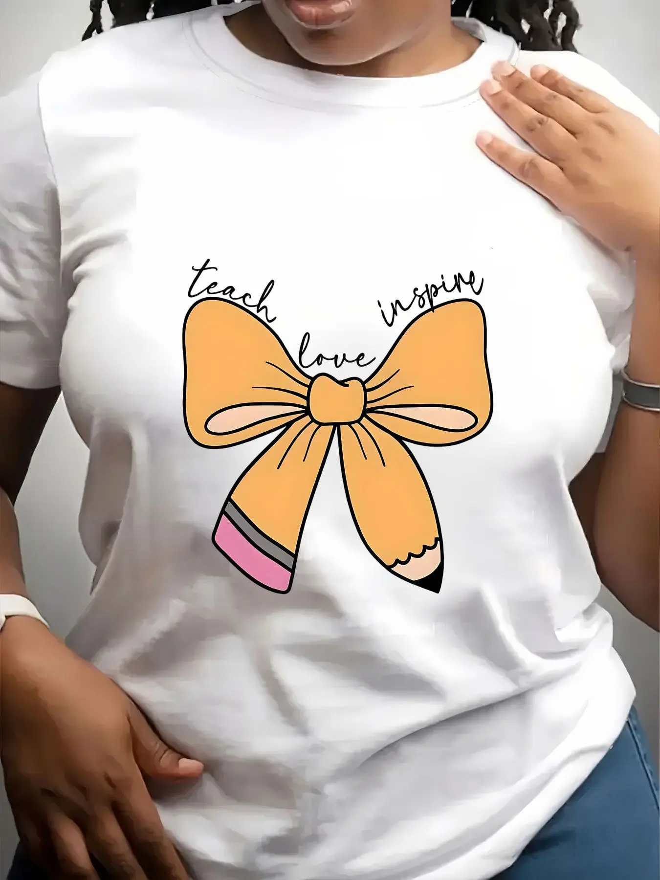 Women's Trendy Crew Neck T-Shirt Teach Love Inspire Pencil Bow Design Suitable for Casual Sportswear