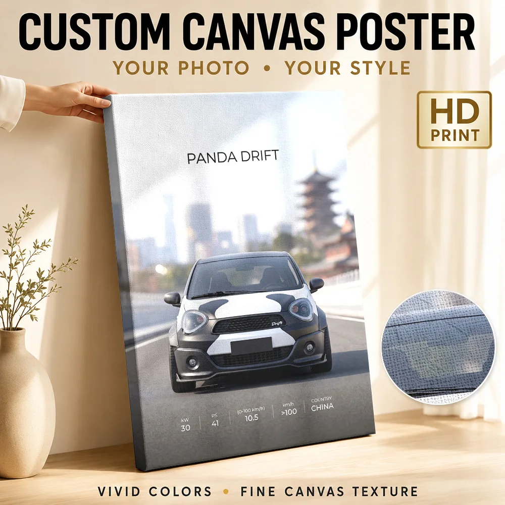 Chinese Panda Drift Car Framed Canvas Poster Customized Photo Roadside Composition Wall Art For Living Room Housewarming Gift