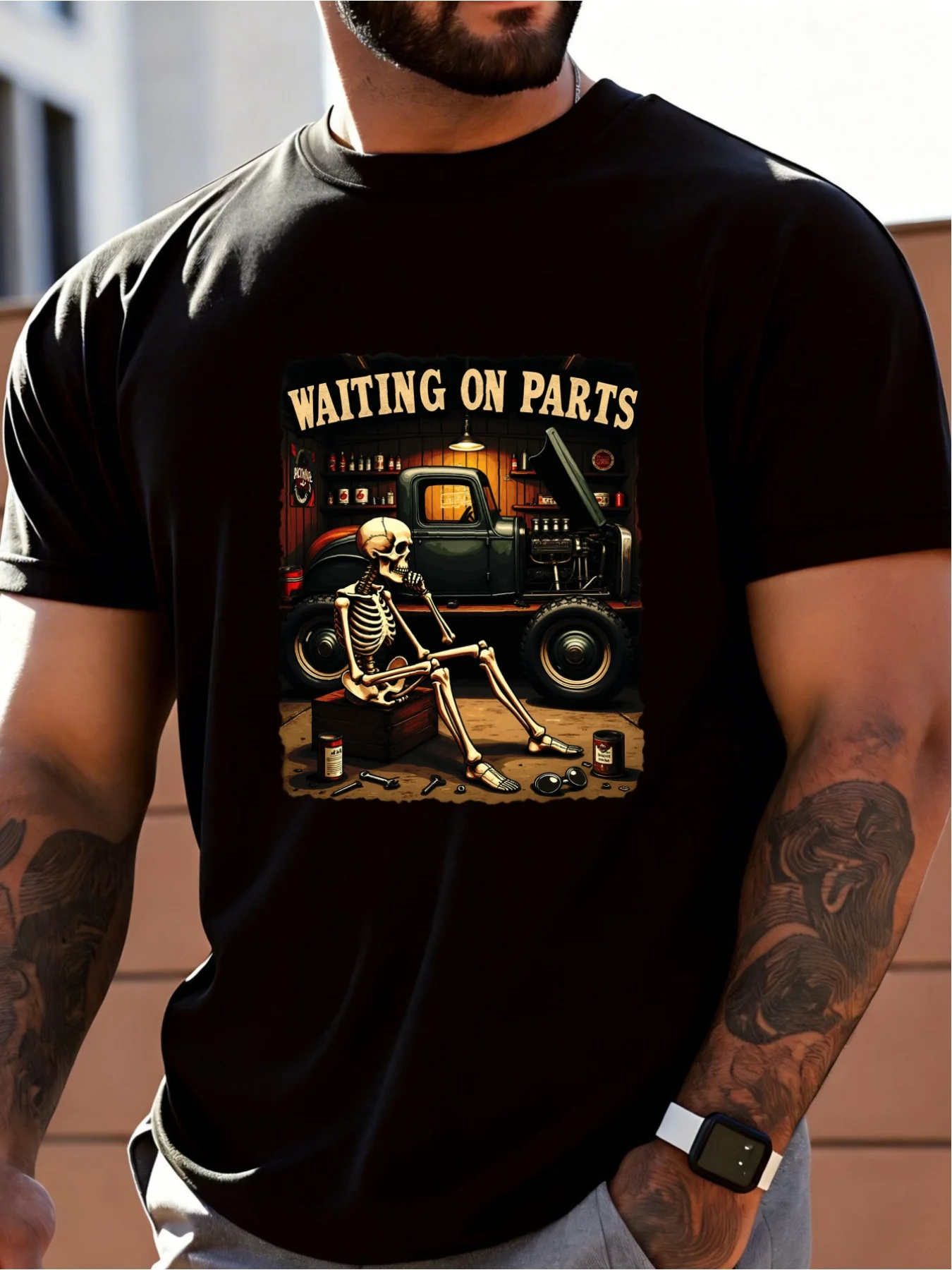 Casual Style Men'S T Shirt with Skeleton And Truck Wreckage Graphic for Autumn And Wear Perfect Gift for Car Enthusiasts And Mechanic Lovers, Male Printed Fashion Daily Short Sleeve Tee