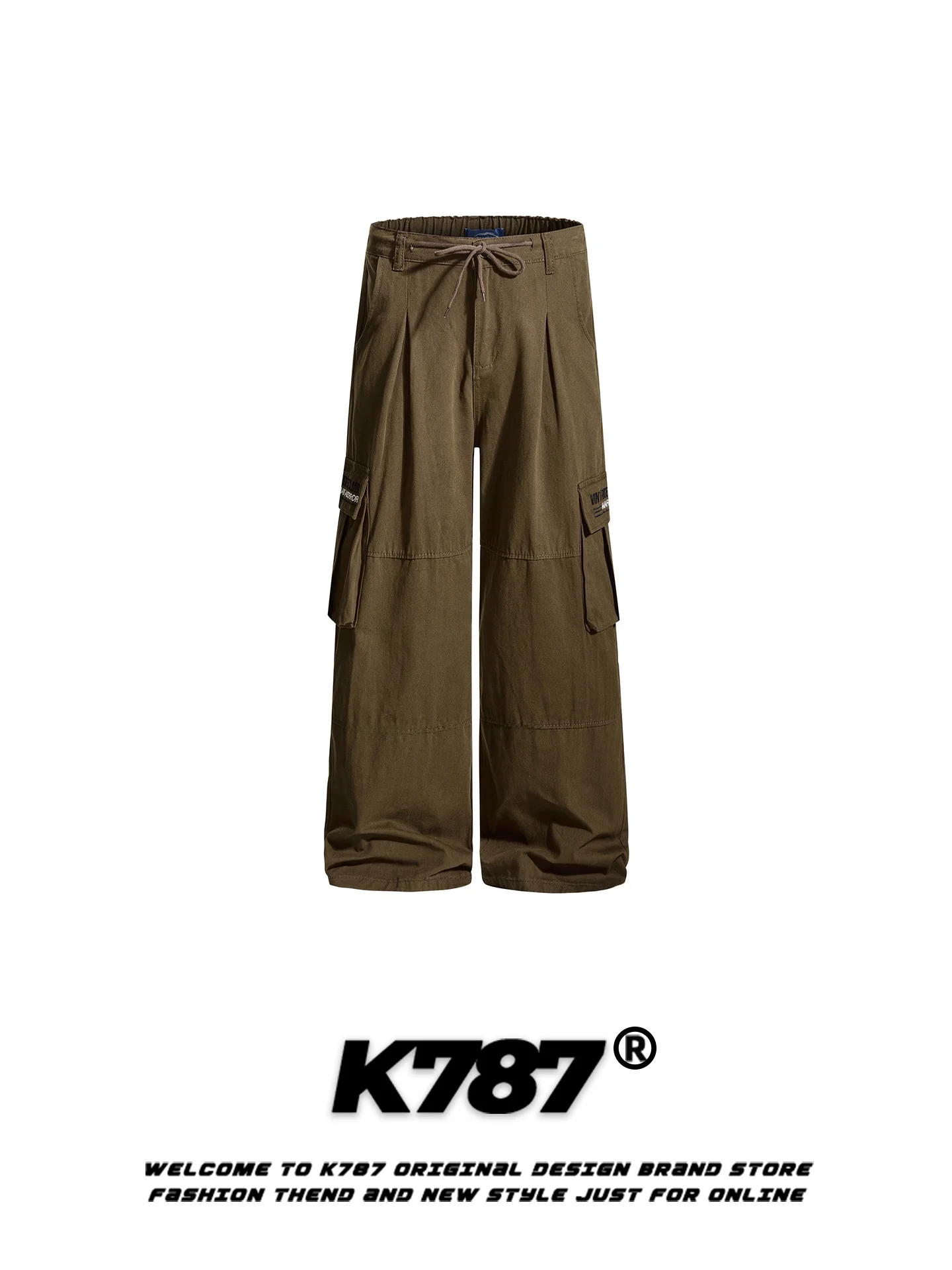 

K787 American Retro Dstring Work Pants Men's Loose Street Casual Sports Straight Leg Wide Leg Trousers Trendy