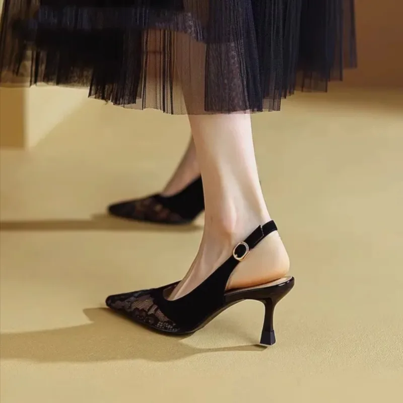 Summer New Pointed Toe Stiletto Woven Mesh Lace Back Empty Wrapped Head Temperament High Heels Sandals Women