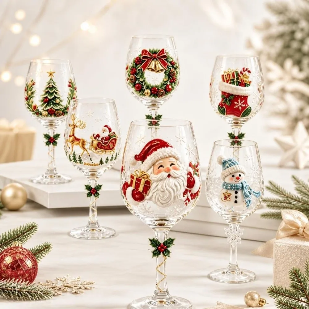Decorative Santa Claus Christmas Wine Glass Snowman Transparent Glass Goblet Elk 3D Creative Clear Stemmed Cup Gift