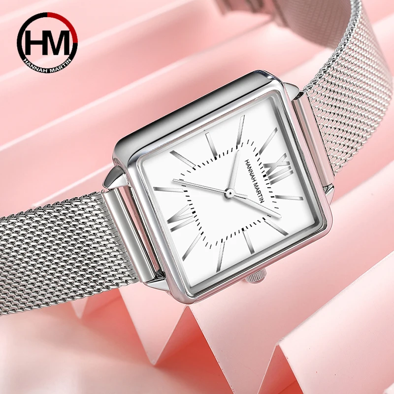 Hannah Martin Brand Women Watches Fashion Square Ladies Quartz Watch Green Dial Simple Rose Gold Mesh Luxury Women Watches