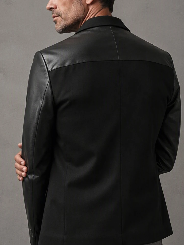 Men's Classic Black Blazer Faux Leather Patchwork Peak Lapel Double Breasted Slim Suit Jacket for Business Wedding Banquet Party