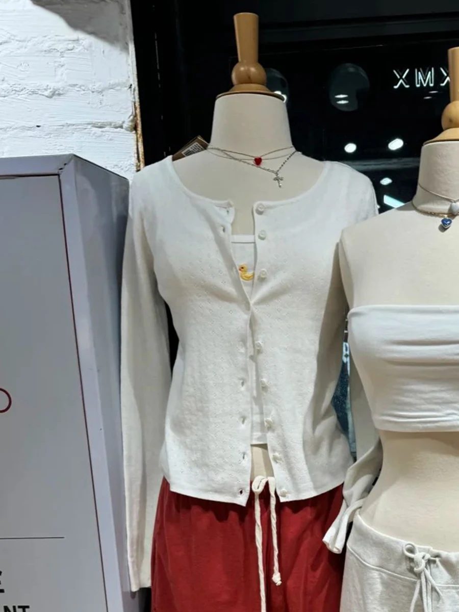 Eyelet White Long Sleeve T-Shirt Woman Autumn Round Neck Single Breasted Cotton Tee Shirt Sweet Solid Simple Cardigan Top Y2k