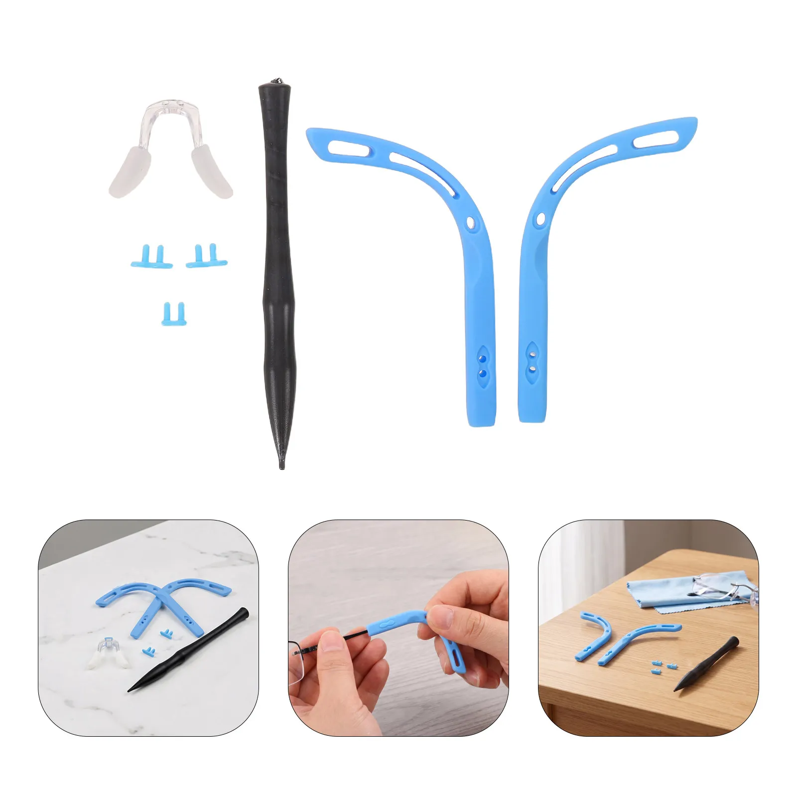 1Set Eyeglass Repair Kit Soft Silicone Nose Pads Sky Blue Anti Slip Temple Sleeves Glasses Ear Cushion Replacement for Daily