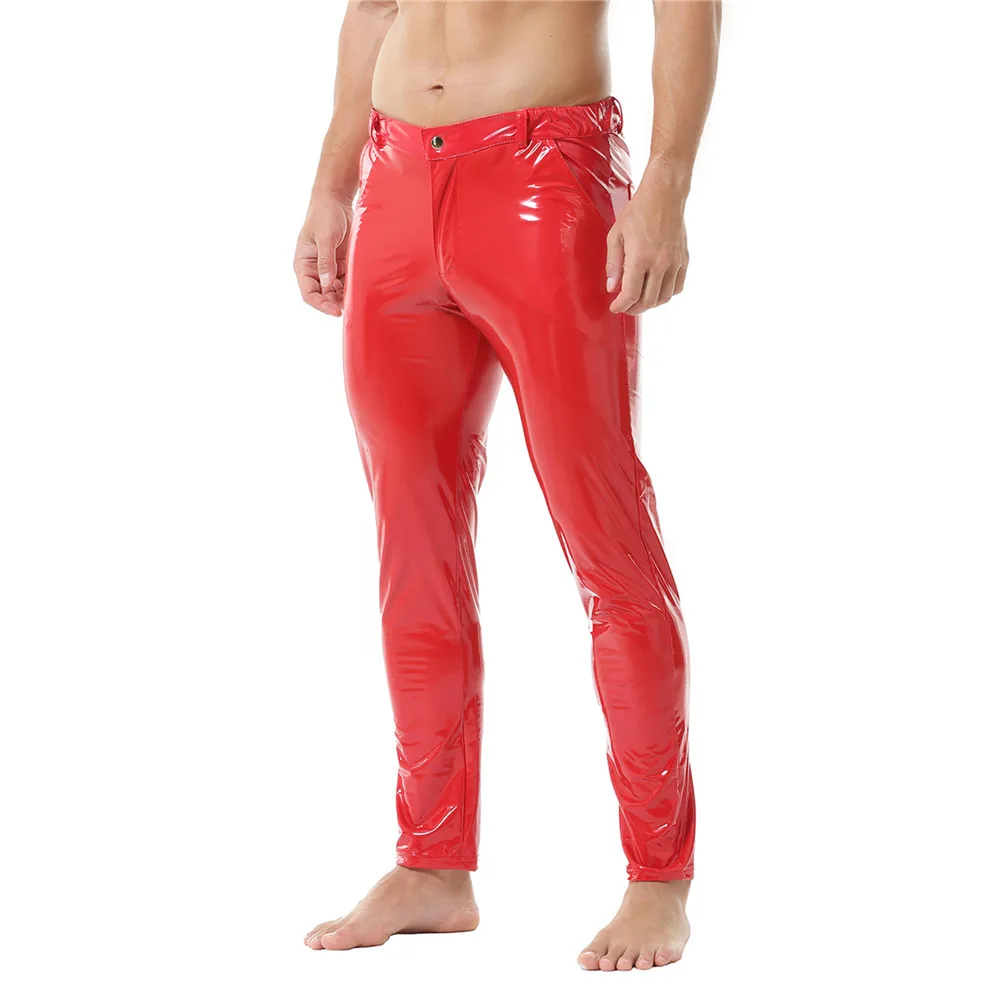 Fashion Men's Shiny PVC Leather Tight Pants Nightclub Dance Stage Slim Skinny Long Trousers Latex Wet Look Male Party Clubwear