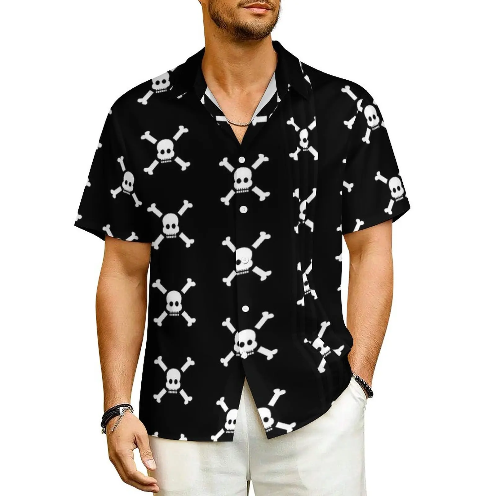 

Skull Cross Casual Shirt Halloween Vintage Hawaiian Shirts Men Short-Sleeved Vacation Harajuku Design Oversized Blouses