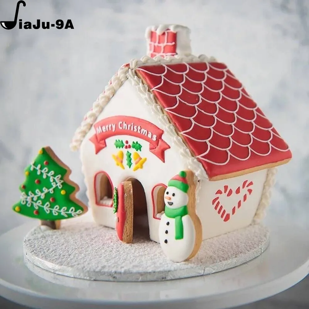 Molde de casa de jengibre de Navidad 3D, juego de cortadores de galletas de plástico, molde para galletas DIY, pastel de pastelería, sello,