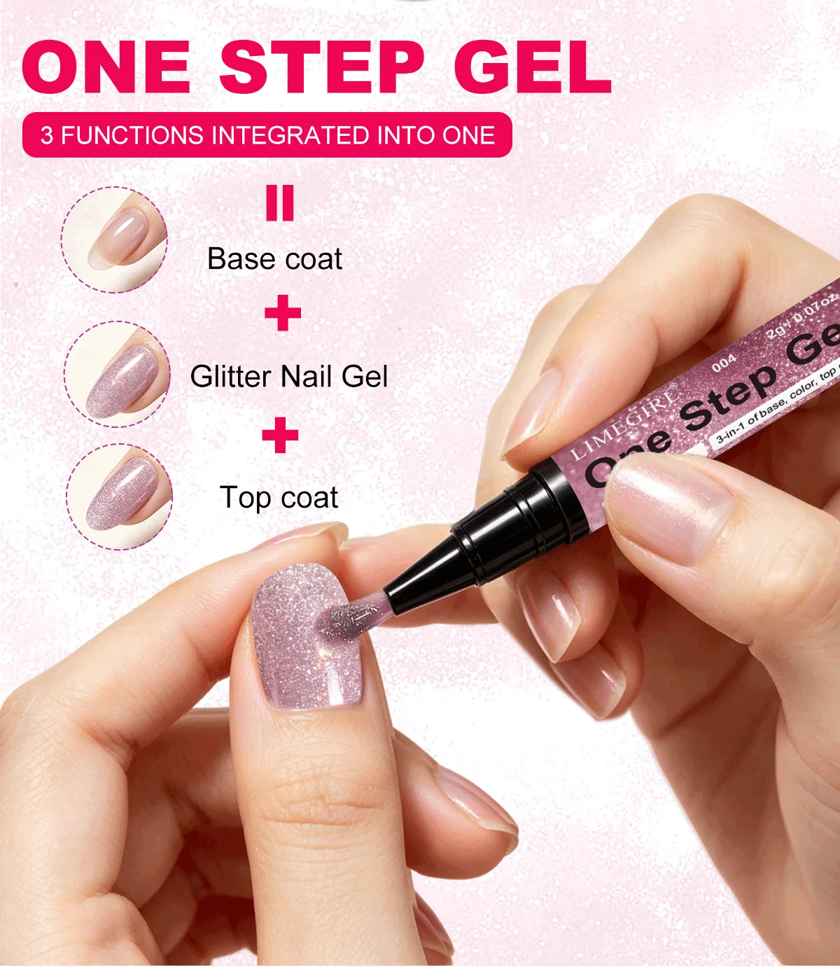 LIMEGIRL 3-IN-1 Glitzer One-Step Gel-Nagellackstift, keine Grundierung oder Top Coat erforderlich, schnelltrocknend, langanhaltend, UV-LED Glitzer-Nagelgelstift – Detail 2