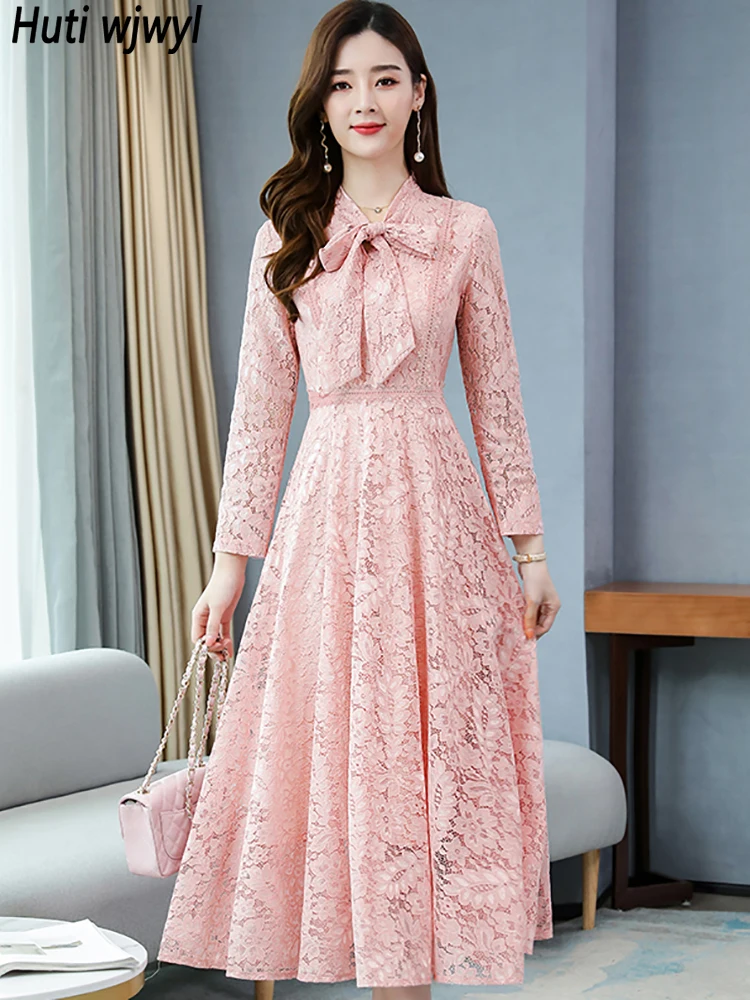 Autumn Winter Pink Lace Hook Flower Hollow Long Dress 2024 Fashion Chic Bow Collar Luxury Dress Women Vintage Party Night Dress