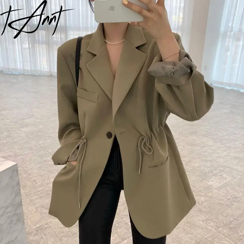 

Tannt Women Blazer Drawtherope Vintage Fashion Oversize Winter Jacket Black Khaki Bandages Chic And Elegant Woman Jacket 2023