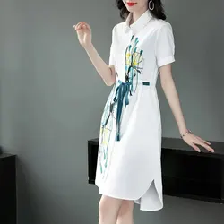 Women's Clothing Fashion Printed Midi Dress Summer Casual Polo-Neck Elegant A-Line Korean Drawstring Bow Asymmetrical Dresses