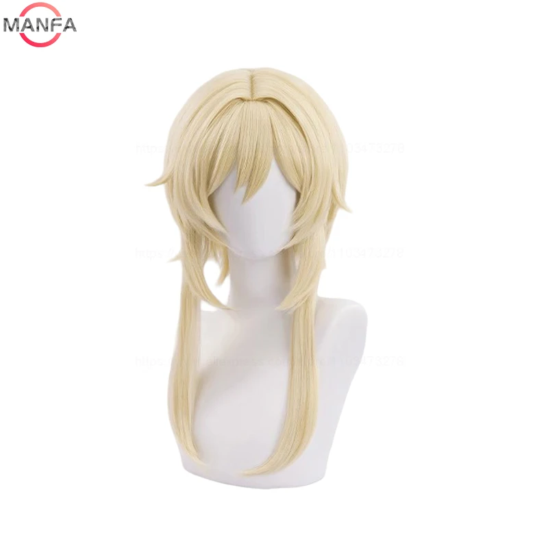 In Sstock Traveller Lumine Cosplay Wig Mid Long Blonde Heat Resistant Synthetic Hair Game Anime Genshin Cosplay Wigs + WigCap