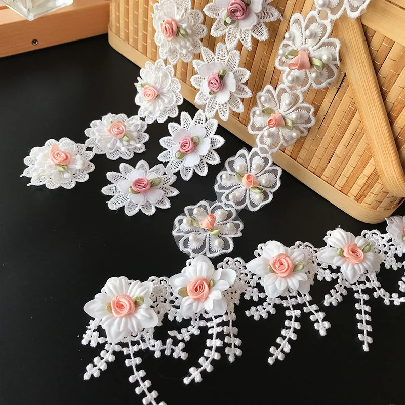 

15 ярдов 3D роза, белый цветок, кружевная бейка, аппликация, кружевная лента, вышитые швейные принадлежности, ремесло, свадебный декор ручной работы