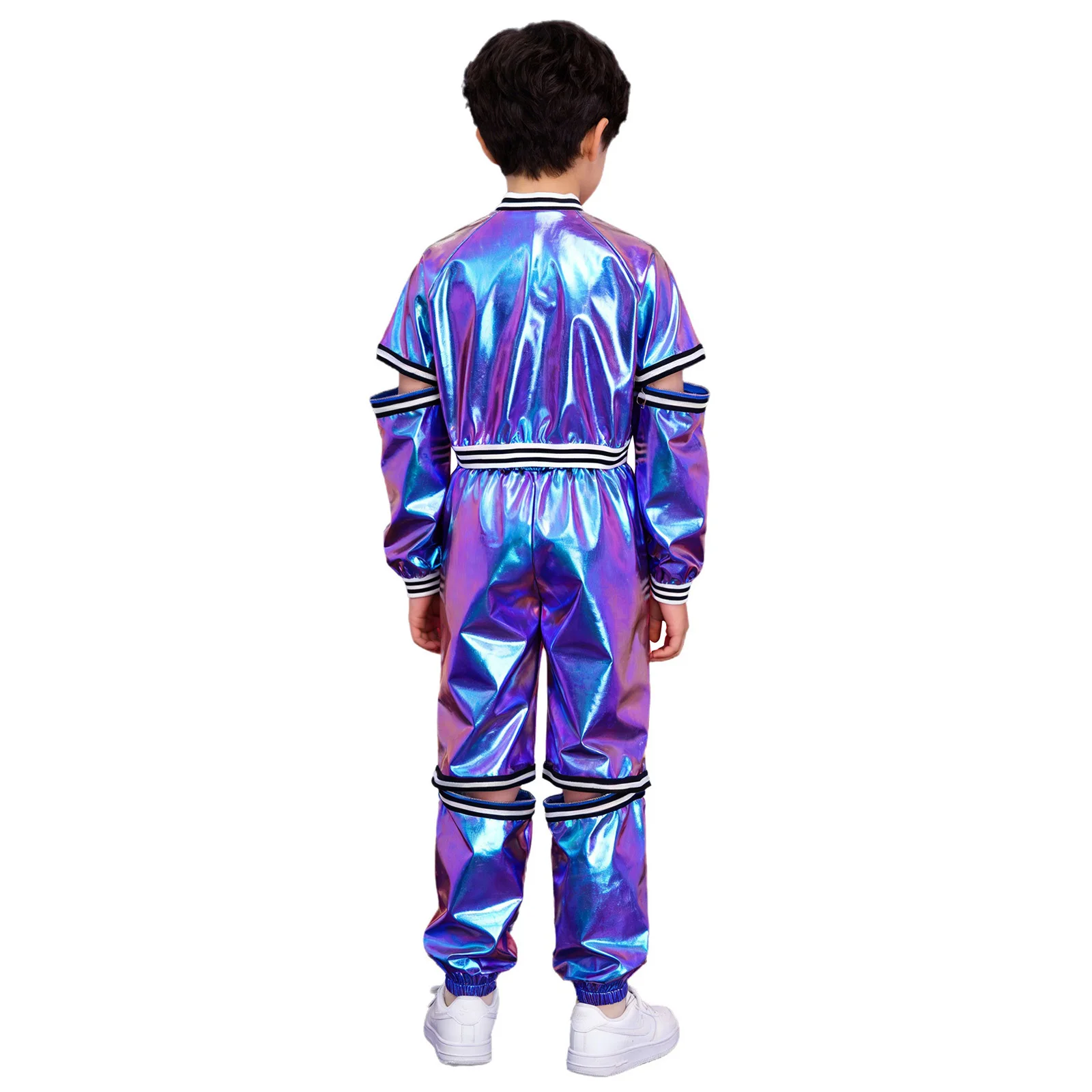 Unisex Children Jazz Dance Hip-hop Street Performance Costume Boys Girls Zip-Off Stripes Long Sleeves Jacket+Metallic Pants Sets