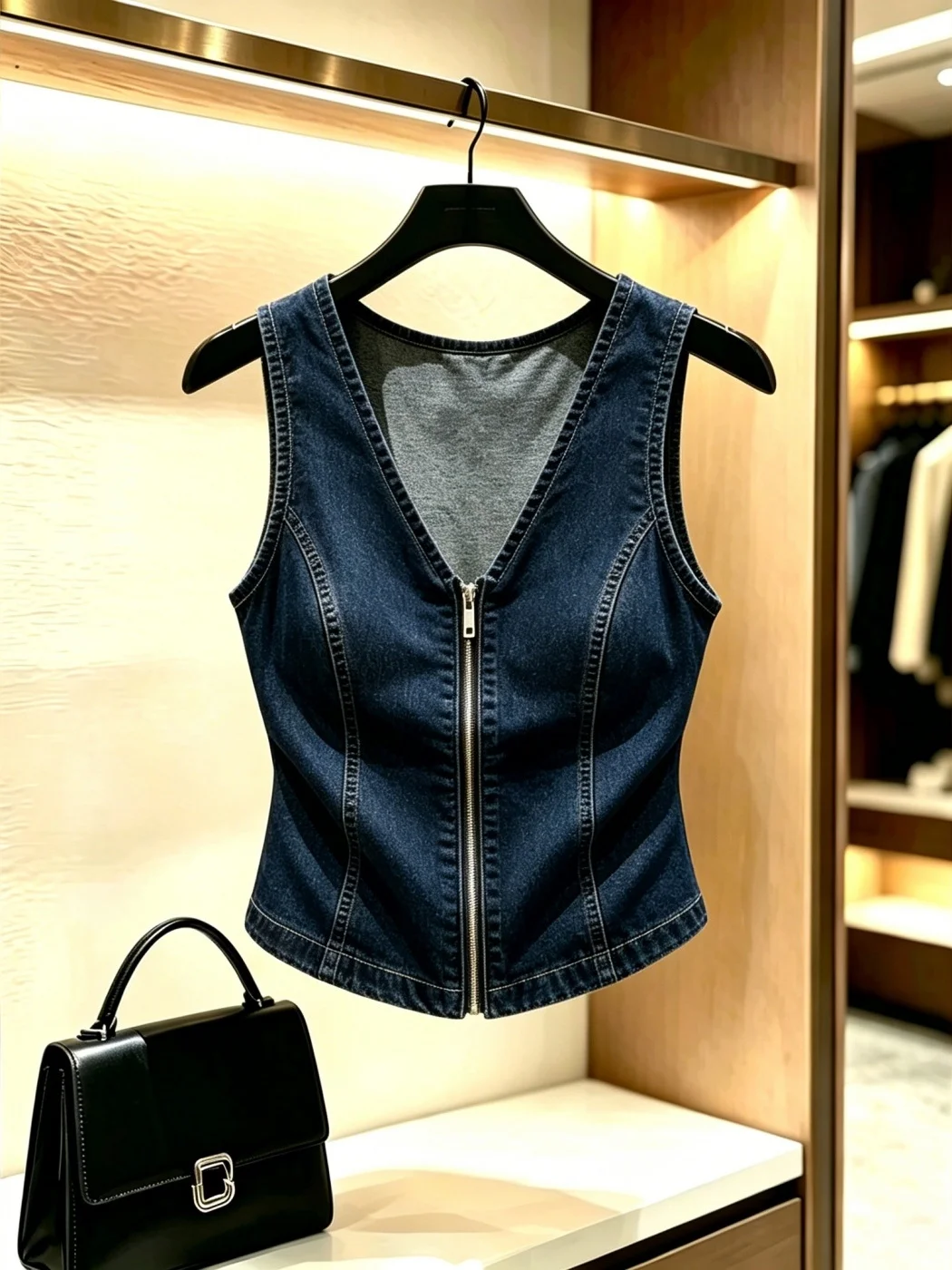 Stylish Blue Denim V-Neck Slimming Vest Summer Versatile Age-Defying Unique Beautiful Tank Top Commute Style for Young Women