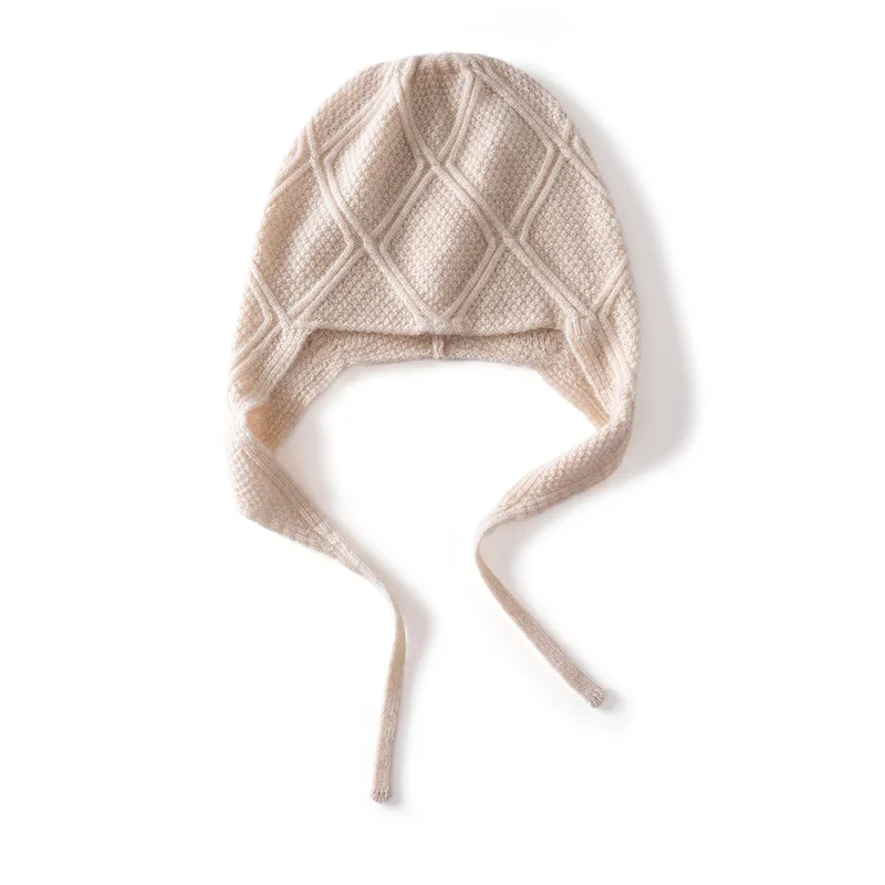 100% Cashmere Autumn And Winter Women's  Earmuffs drawstring Children's Hats Casual Ladies Fashion Solid Color simple Women's Kn
