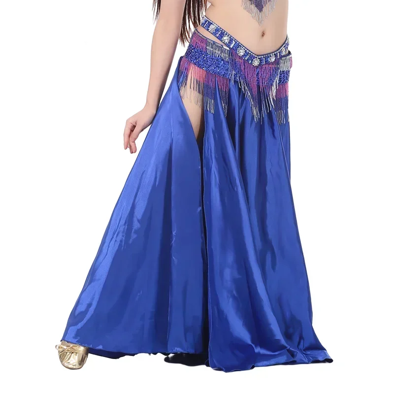 Women Long Satin Panel Skirt 2 Side Slit Belly Dance Tribal Swing Gypsy Costume Sexy Dress Double Forktailed Church Praise Gold