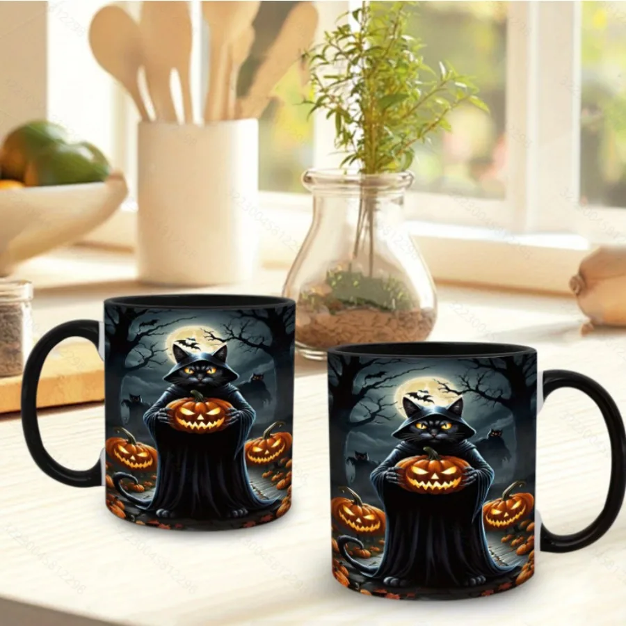 1pc, 11Oz, Dark Halloween Mug: Featuring a Black-Robed, Black-Cat Wizard Holding a Pumpkin Lantern, And a Moonlit Bat, Creating a Mysterious Atmosphere. Made of Ceramic, Suitable for Hot Drinks, And a Perfect Halloween Party Gift