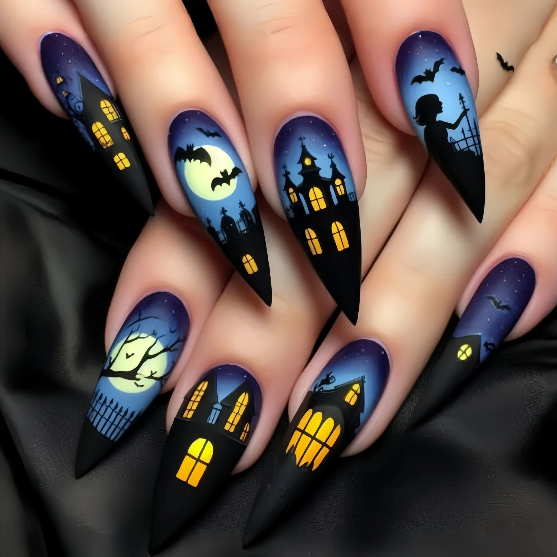 24 Stück Spirale Streifen Muster Press On Nails Stern Kürbis Laterne Halloween Elemants Falscher Nagel Blau Französischer Stil Mandel Fake Nail – Detail 7