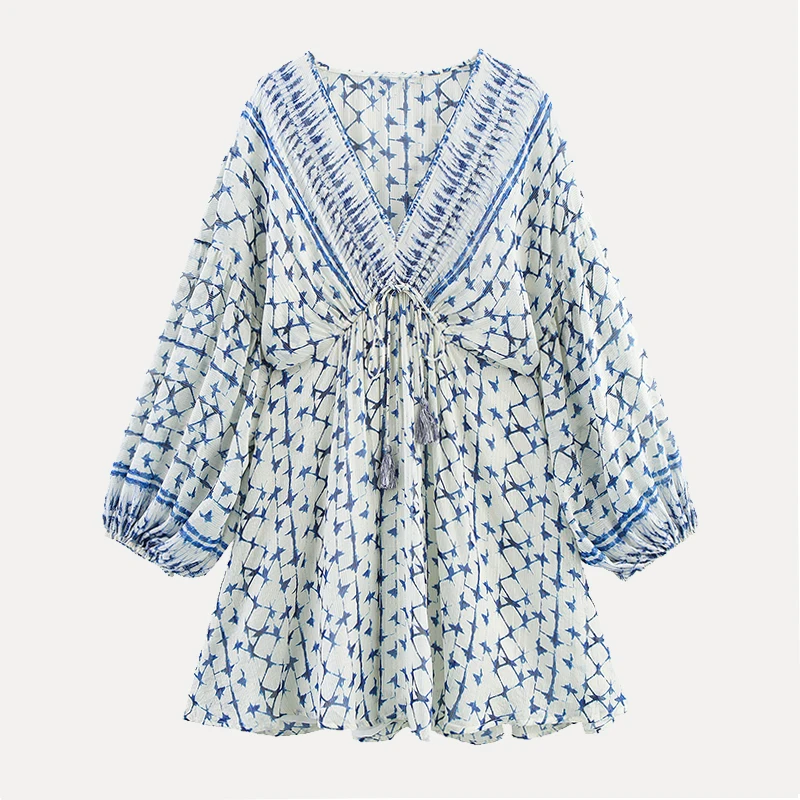 Ele Metal Color Print Dr Summer 2025 Women's Faion Casual Long Sve V-Ne Polyester Fiber Single Piece Z