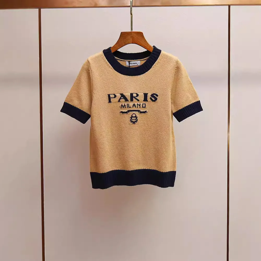 

MaSande High-End Women's Retro College Sle Letter Embroidery round Ne ort Sve Knitted irt ort Top Ultra-Thin Pol...