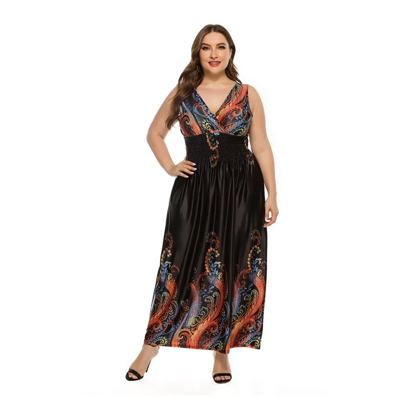 

Bohemian large size dress ice silk printing dress fashion simple elegant temperament high-end holiday style evening dress
