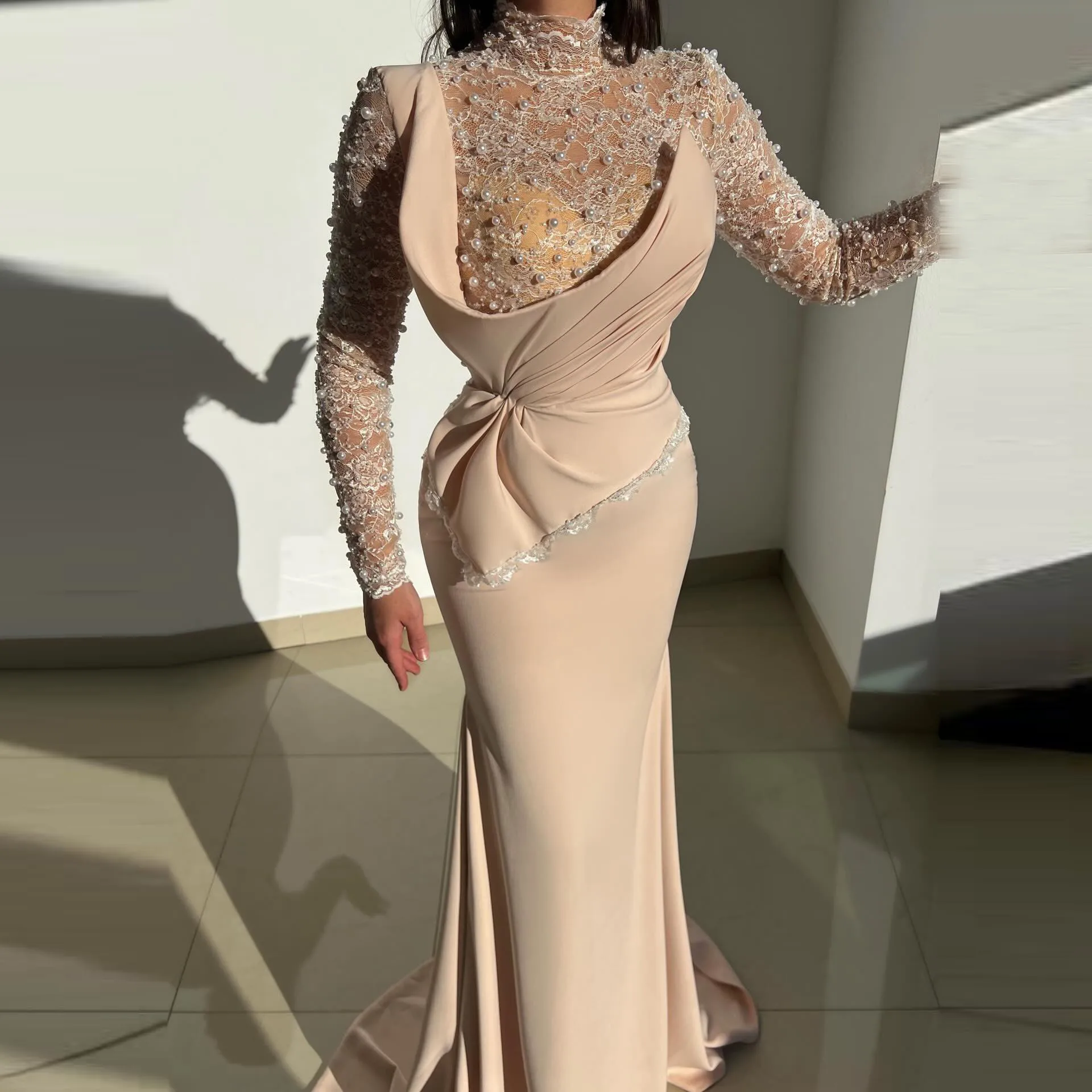 

Beaded Lace Long Sleeve High Neck Mermaid Evening Gown Blush Nude Formal Dress with Pearl Embellishments Mother of the Bride