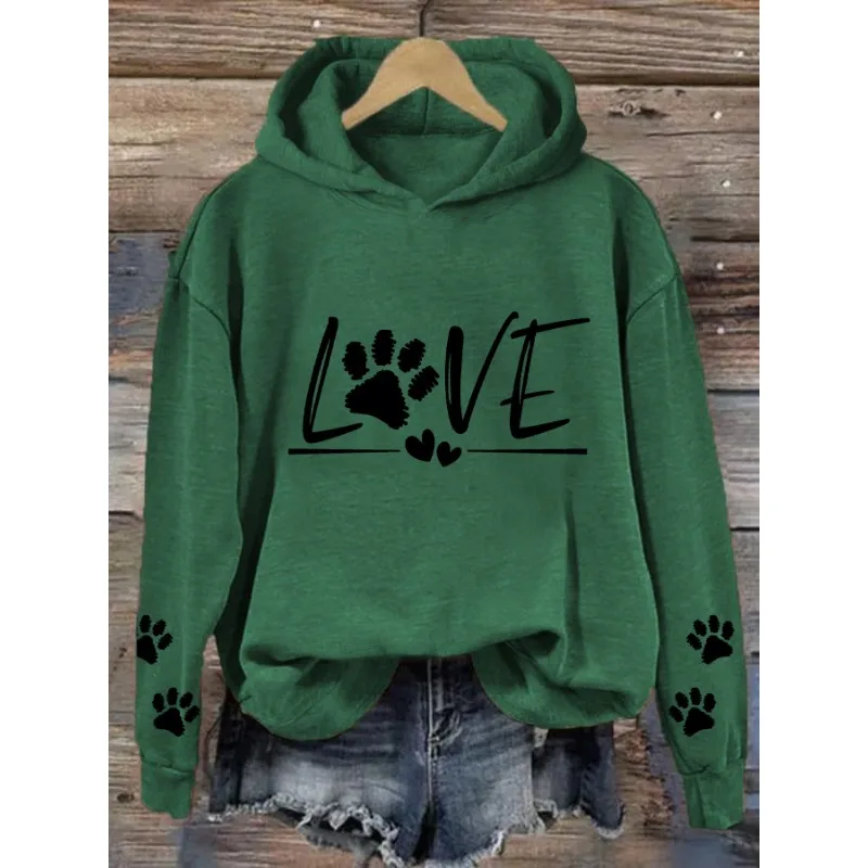 ilstile Women's Love Dog Paw Print Hoodies Long Sleeve Casual Loose Outdoor Hooded Hoodies Black Blue Sweatshirts Hot Sale