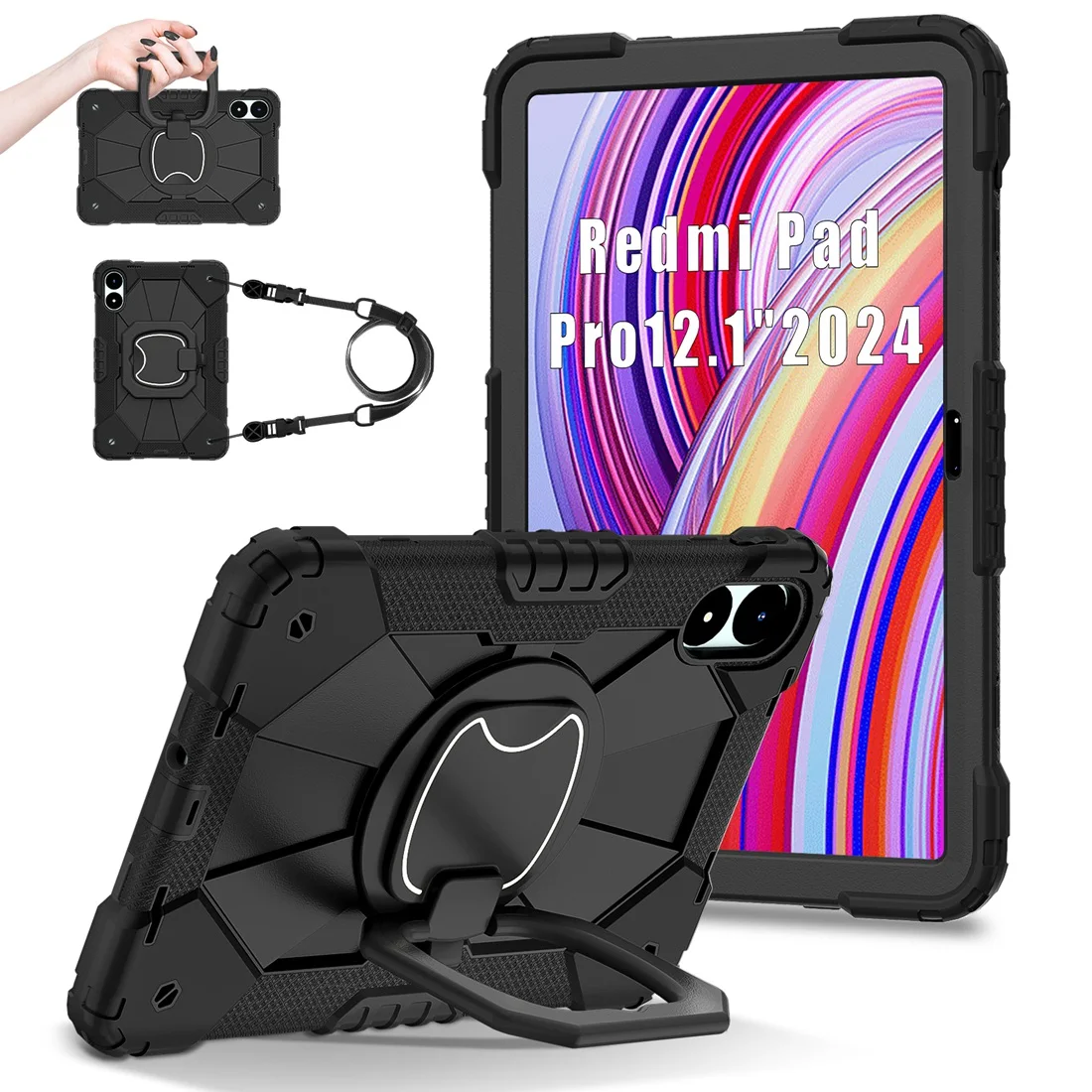 Heavy Duty Rugged Protective Case Rotating Kickstand & Handle Grip,Shoulder Strap For Redmi Pad Pro 12.1 2024/Xiaomi Poco Pad