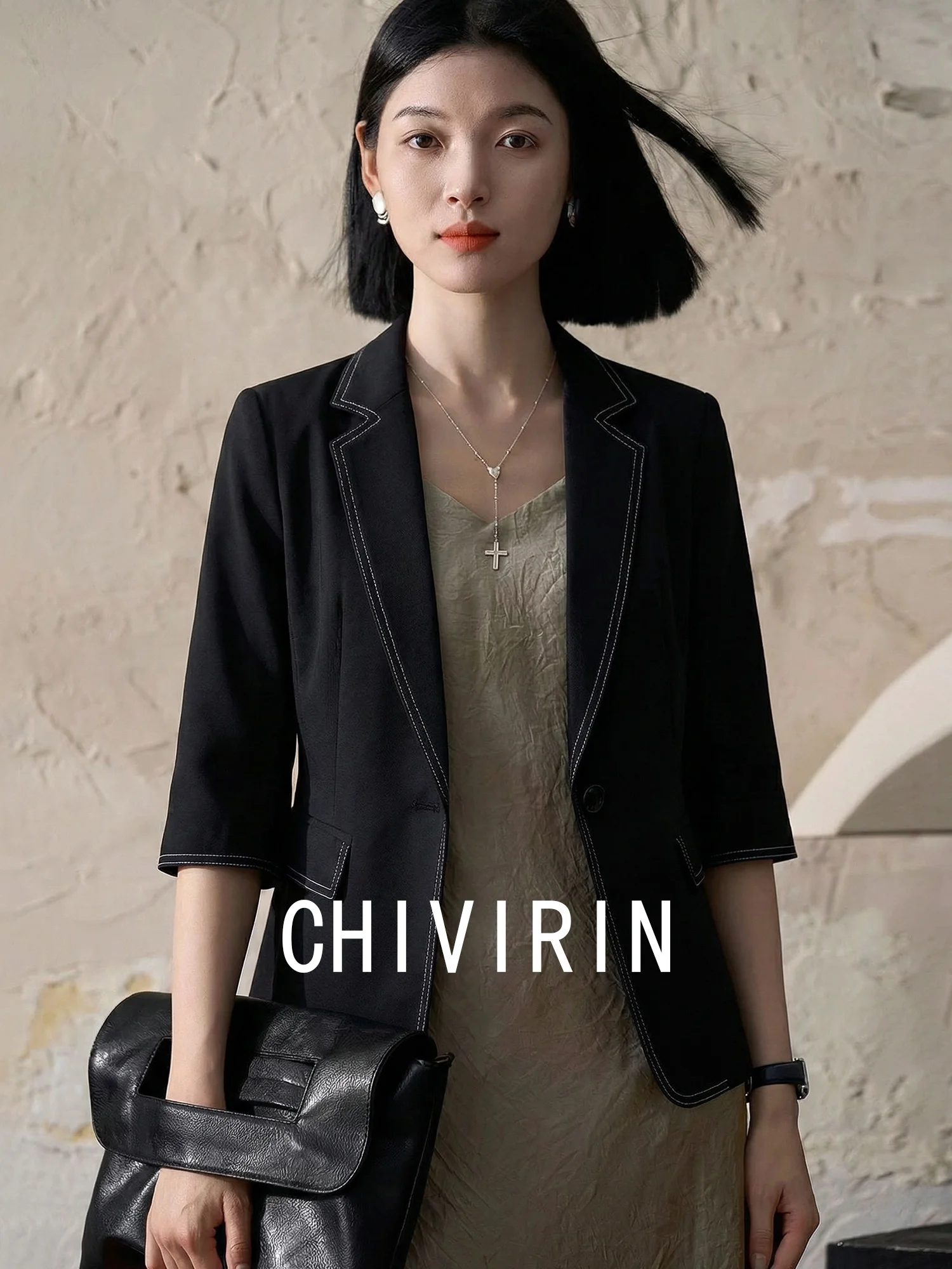 

Chivirin Commuter Sle ort Casual Women's Jaet Five Sve Polyester Fiber Slim Fit Leisure Top Button Pure Color
