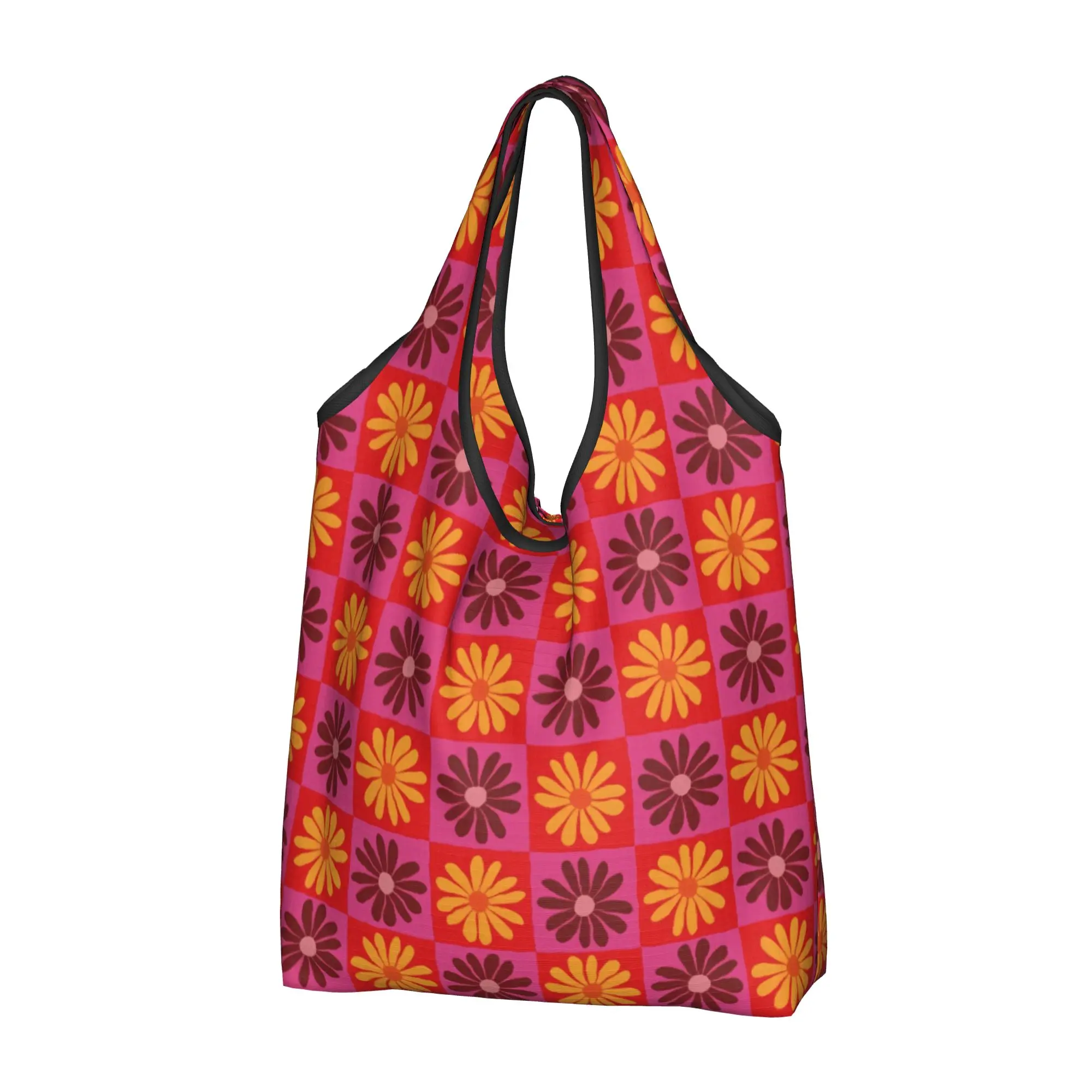 Floral Checkerboard Daisy  Grocery Shopping Bag Cute Shopper Shoulder Tote Bag Large Capacity Portable Flower Checker  Handbag
