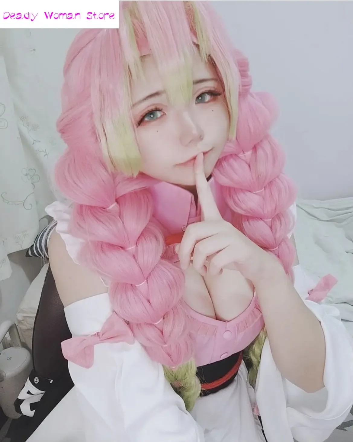 Anime Demônio Slayer Kanroji Mitsuri Peruca, Kimetsu No Yaiba Cosplay Perucas, Gradiente Verde Rosa, Cabelo Sintético Resistente ao Calor