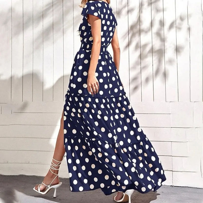 Summer New Women's Polka Dot Dress Temperament V-neck Cinched Waist Short Sleeved Side Slit Mid Length Bohemian Long Skirt Robe