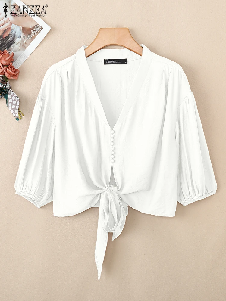 Blusa de gasa Vintage 3/4 Tops de manga acampanada ZANZEA 2025 moda mujer Blusas con cuello en V túnica de Color sólido Jersey suelto Casual