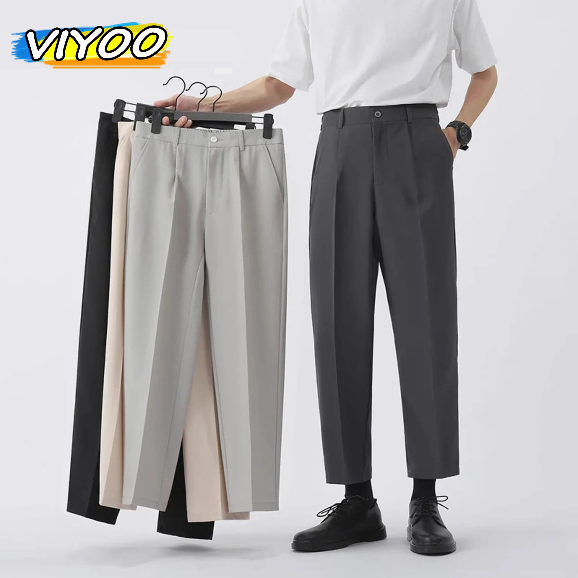 Men's Button Summer Casual Cropped Pants Straight Business Formal Suits Pants For Men Teenagers Trousers Homme Korean Clothes