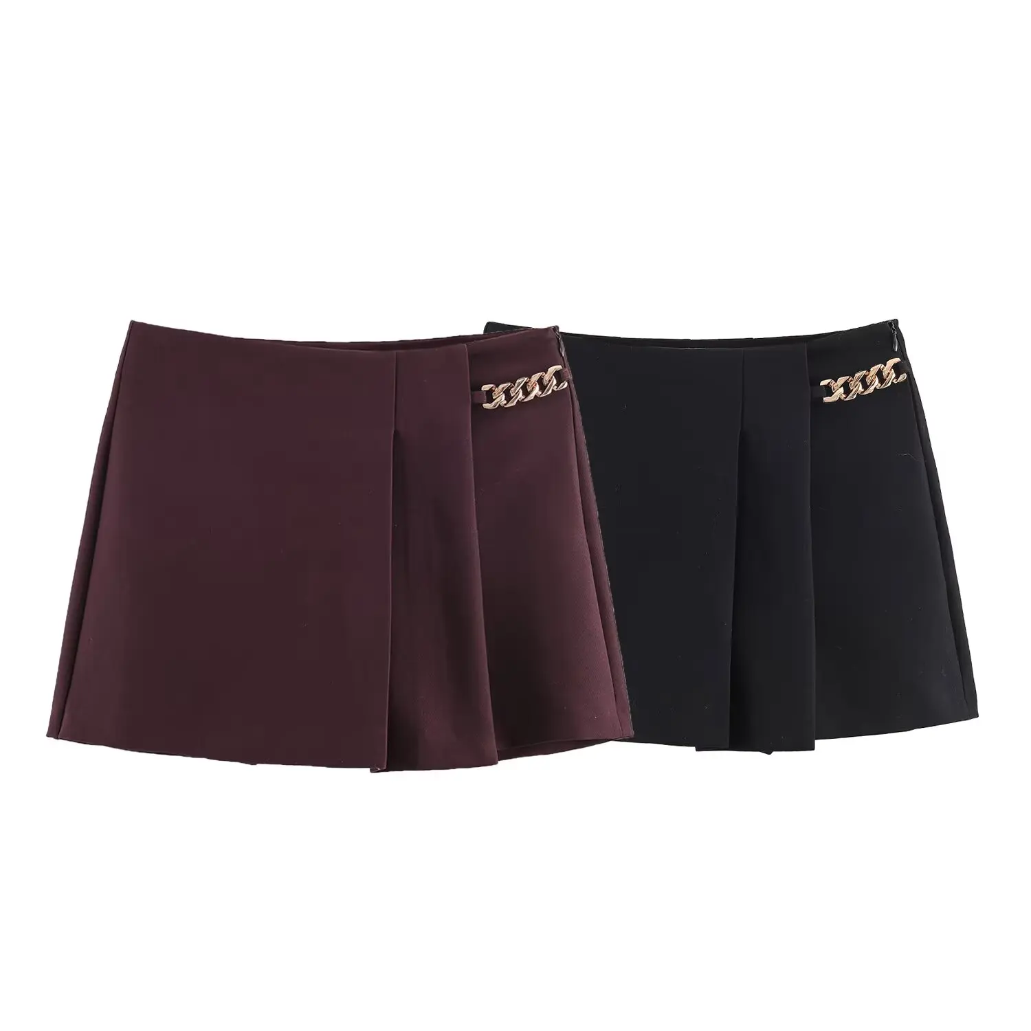Shorts Femininos Casuais Plissados Largos com Cadeia 2026, Cintura Alta, Ajuste Solto, Mini Skort, Moda Streetwear, Calças Curtas de Verão