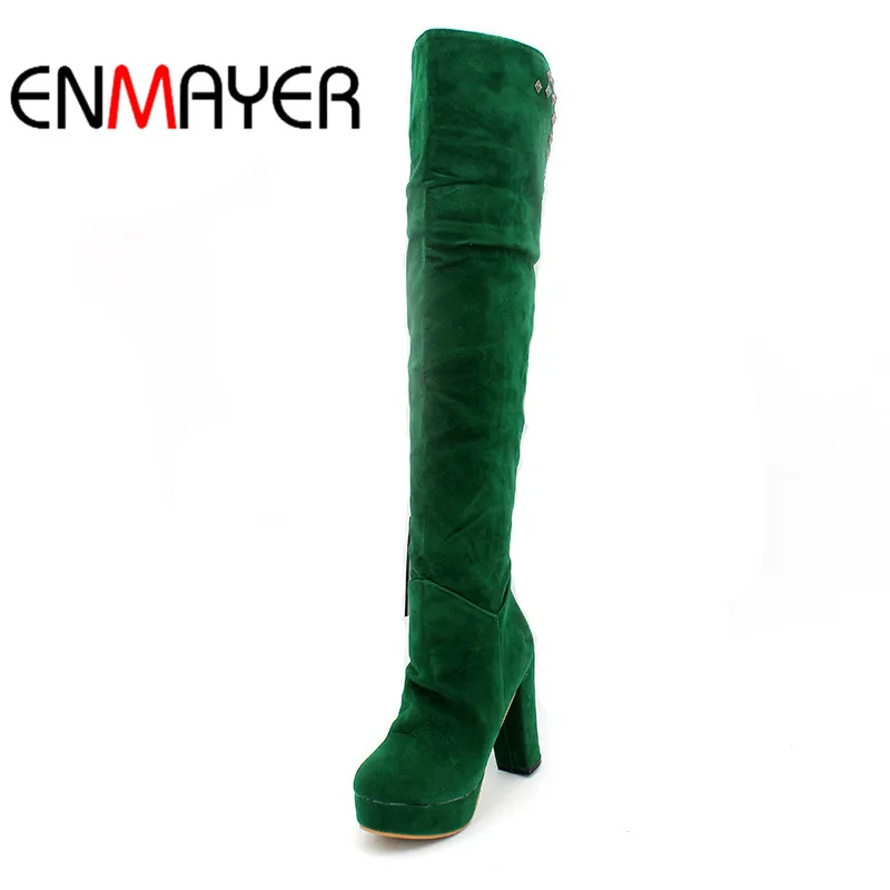 

ENMAYERENMAYER 2020 Autumn Boots Knee High Heel Rivets Women Snow Fashion Winter Footwear Warm Long Flock Boot Shoes Woman