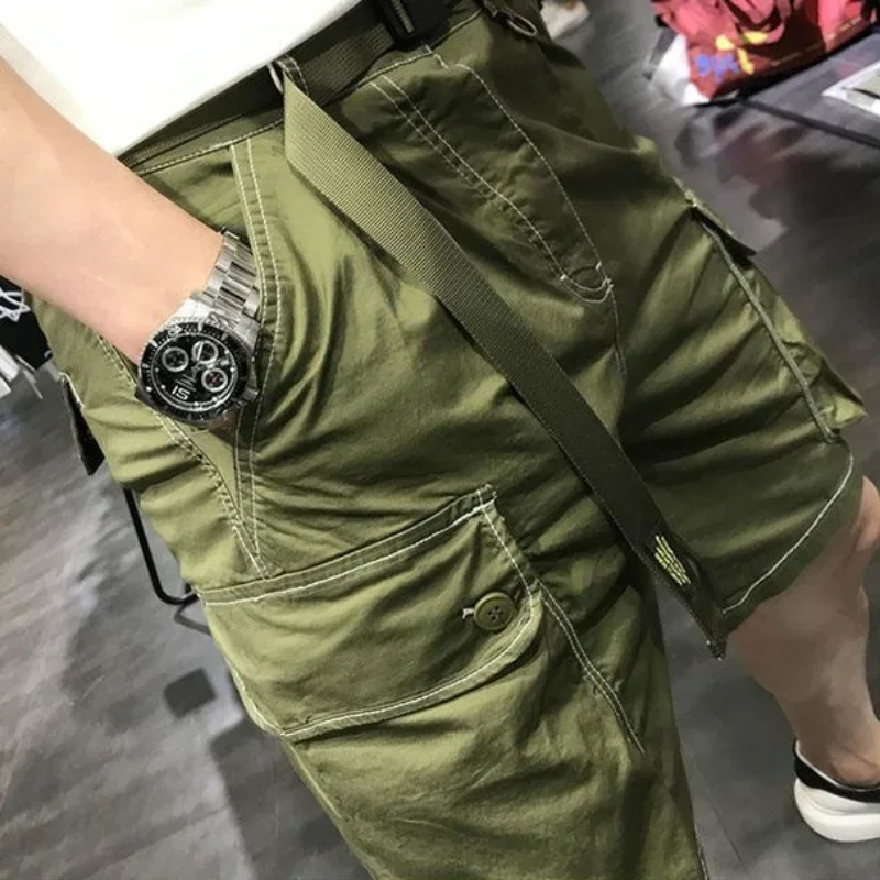 Pantaloni corti Bermuda maschili pantaloncini Cargo da uomo neri bottone con tasche Homme Baggy Streetwear Harajuku sciolto Y2k grande e alto