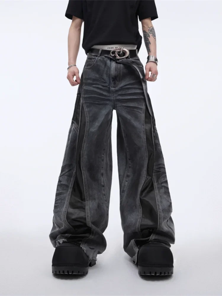 

Y2K Streetwear Black Pu Leather Patchwork Baggy Flare Jeans Pants Men Clothing Washed Black Wide Leg Denim Trousers
