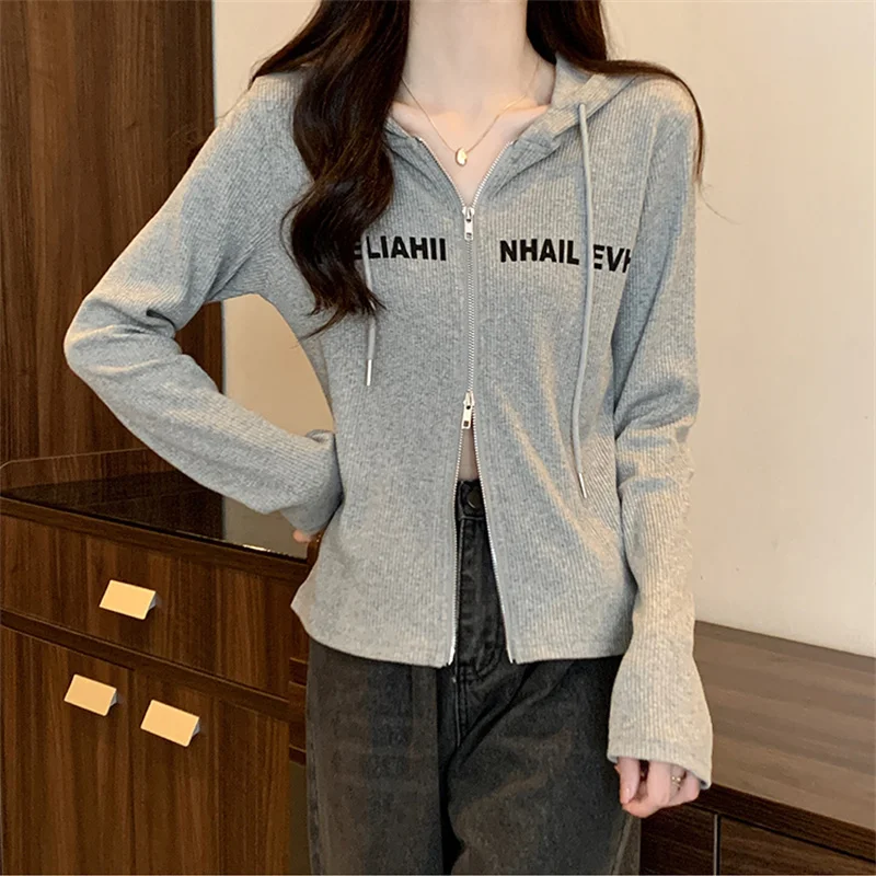 Fashion Printed Letter Casual Zipper Hooded T-Shirts Female Clothing 2024 Autumn New Loose All-match Tops Sweet Tee Shirt