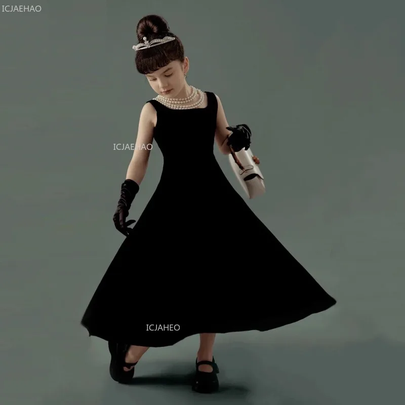 Girls Black Velvet Vintage Princess Dress Children Evening Pageant Host Model Show Formal Wear Gown for Piano Violin Performance