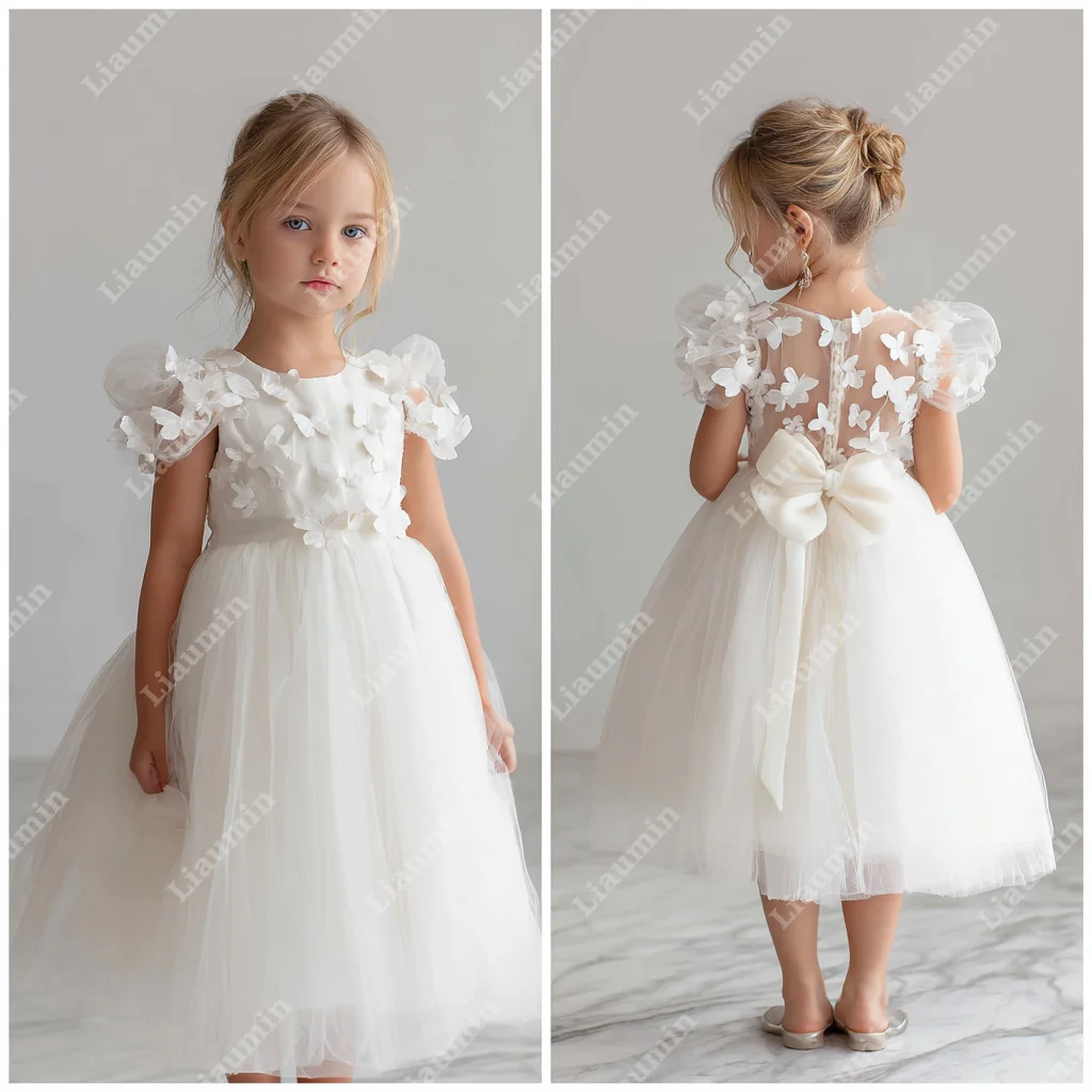 Robes de demoiselle d'honneur longueur genou avec appliques papillon princesse de mariage robes de première communion jupe de concours personnalisée W1.1.42