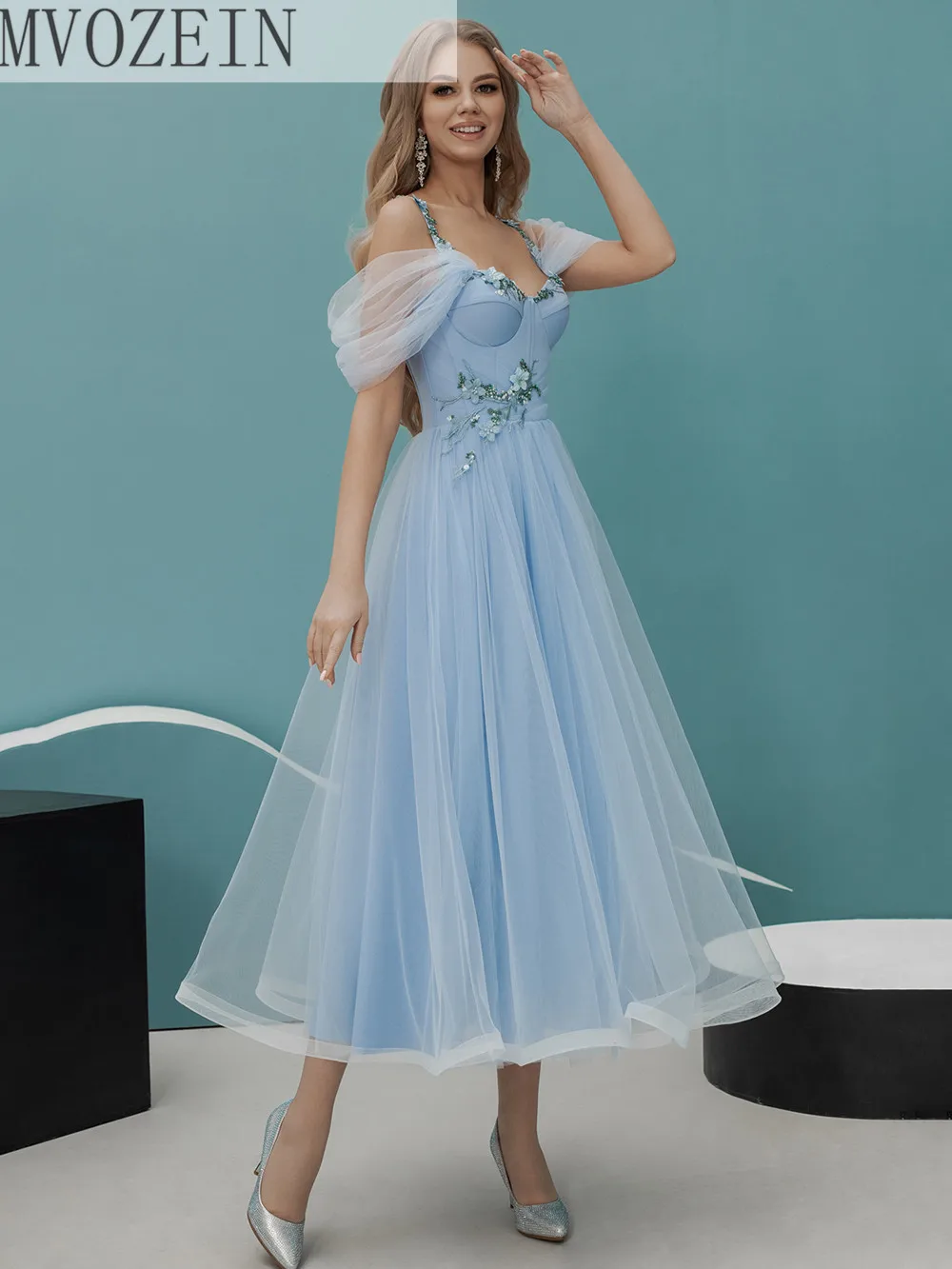 

Sky Blue Homecoming Dresses Spaghtti Strap A-Line Short Party Dresses Tulle Girl Prom Dresses Knee Length Graduation Dress